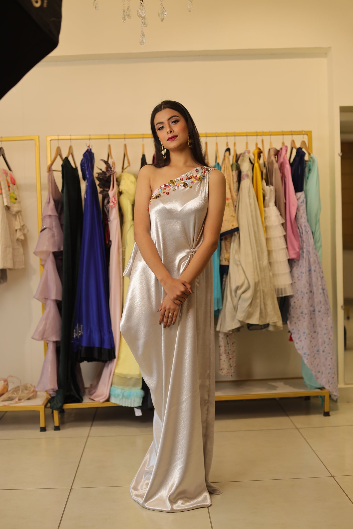 Silver one side drape gown