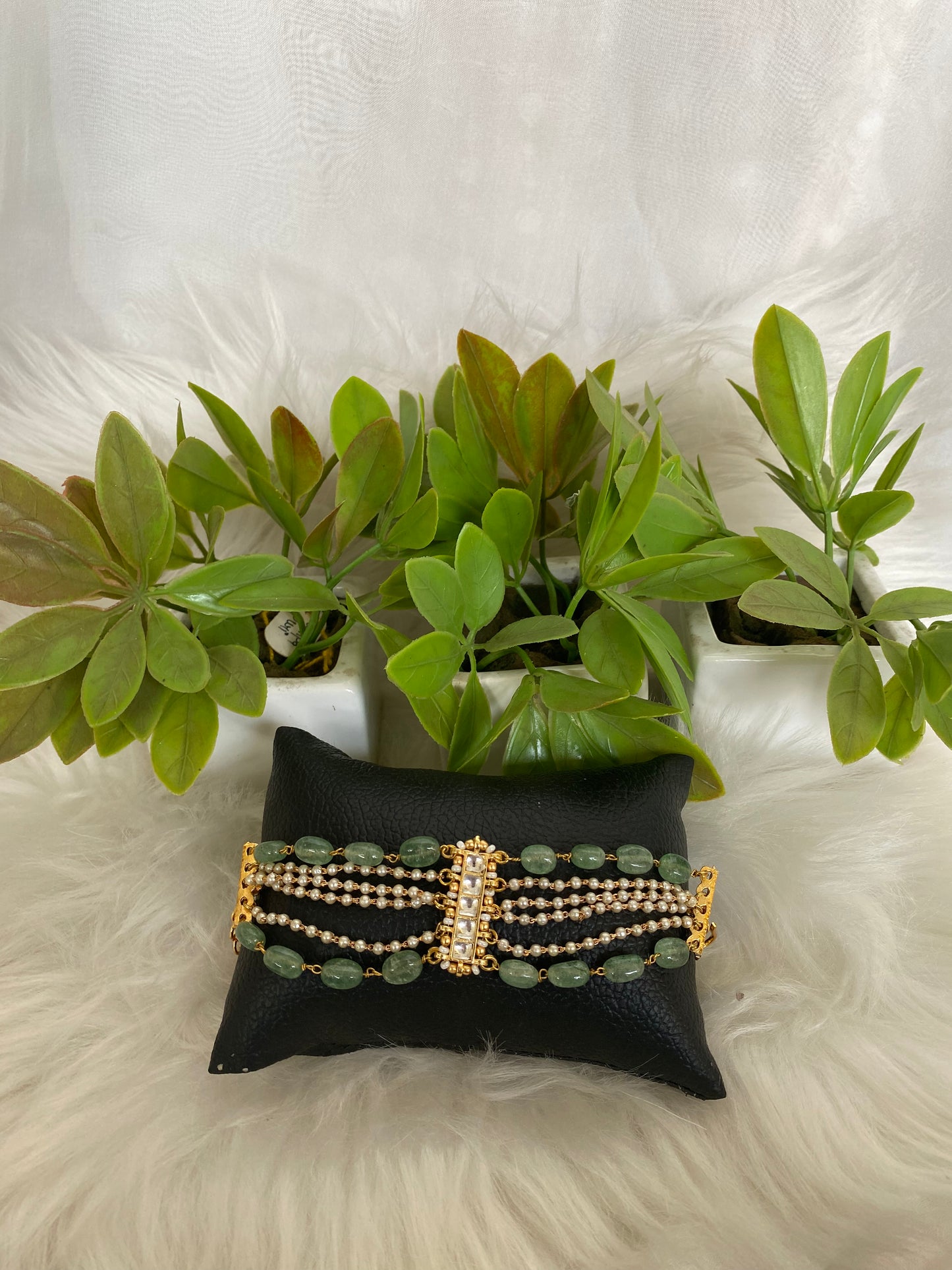 Green Semi-Precious Stone Bracelet with Gold Polish