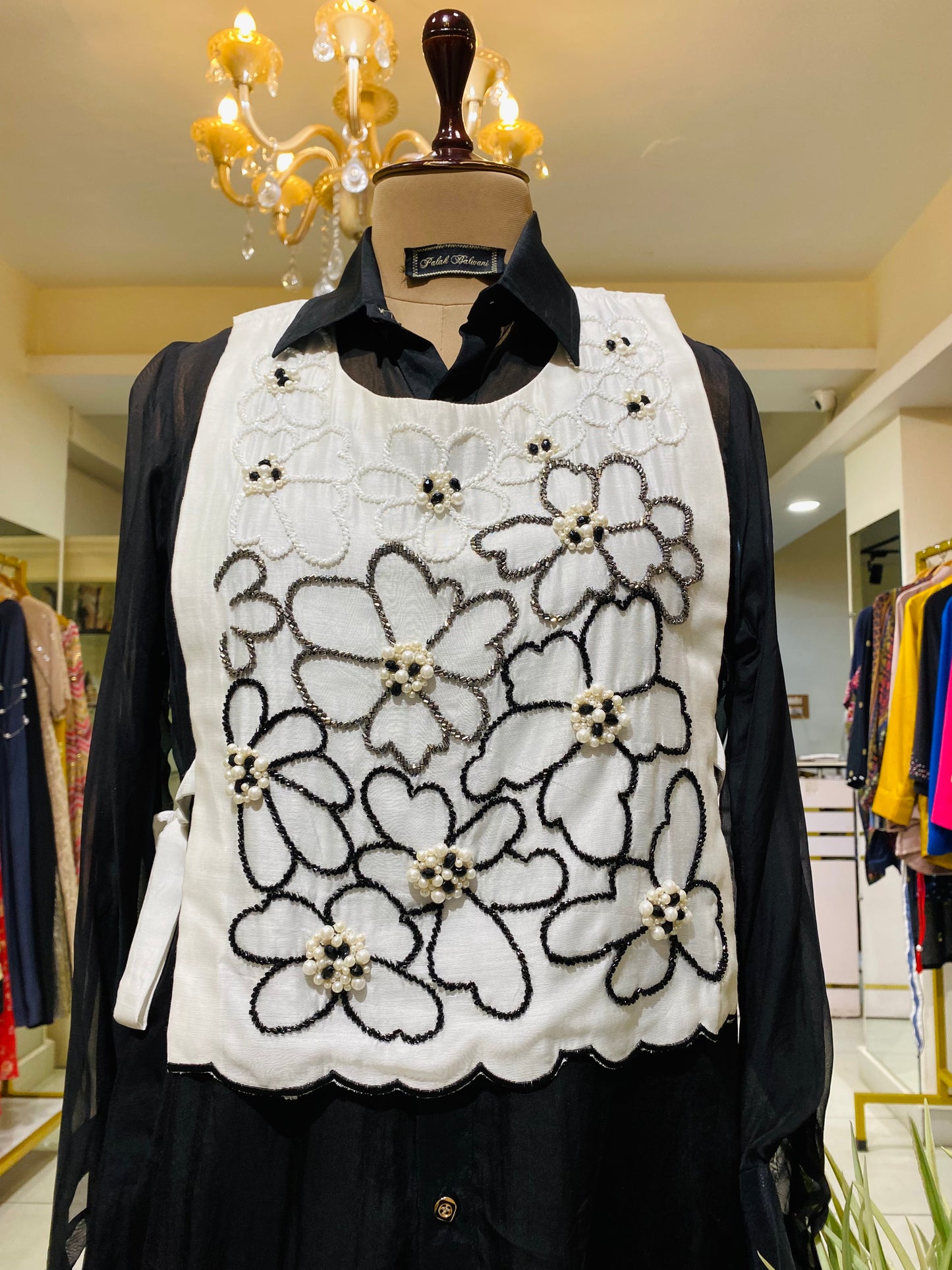 Black and white Bib handwork top