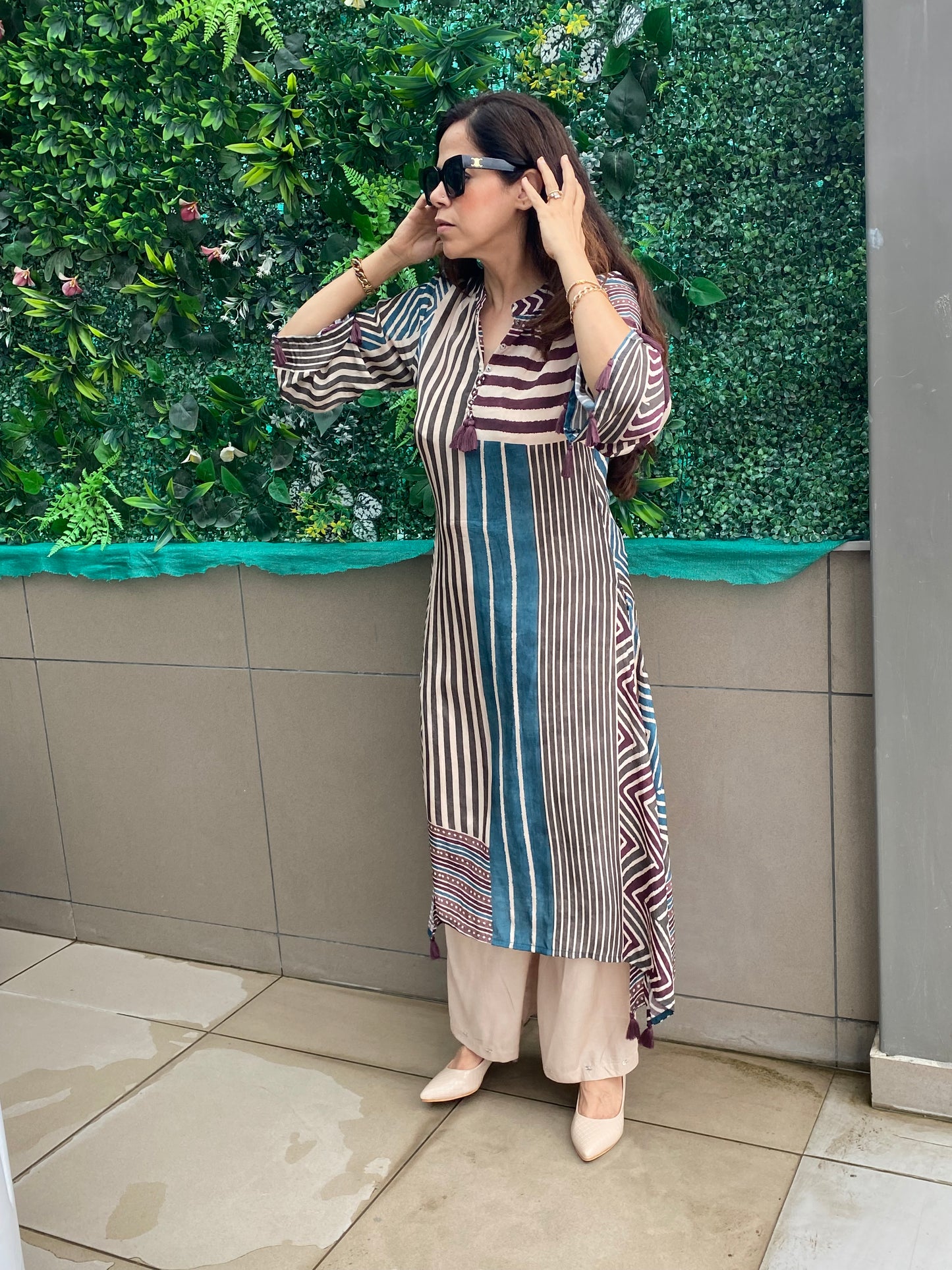 Beige and blue Stripe coord set