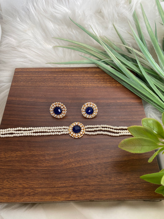 Pearl Choker With blue Centre Stone