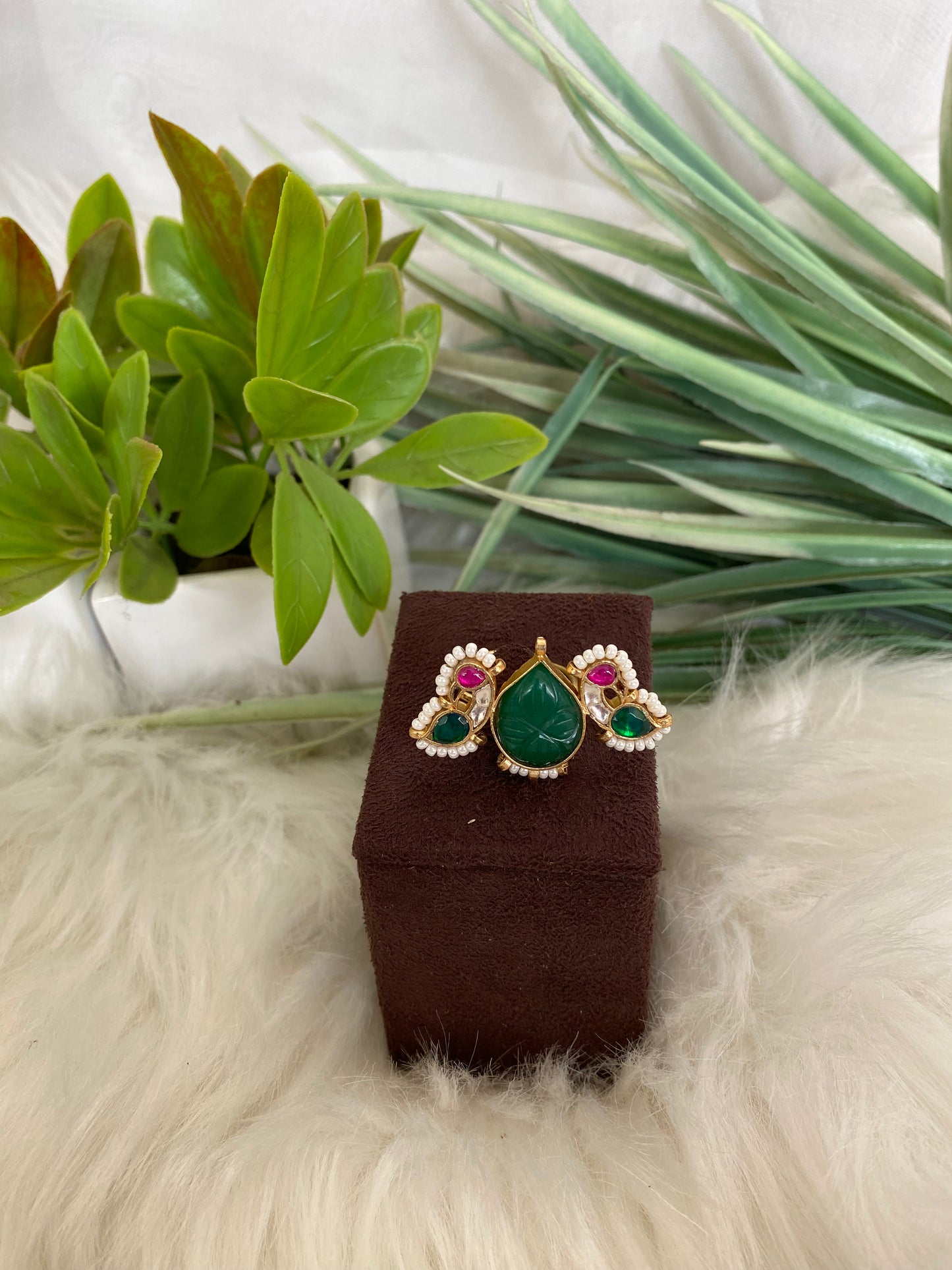 Green Carved Stone Ring with Peacock & Bird Accents