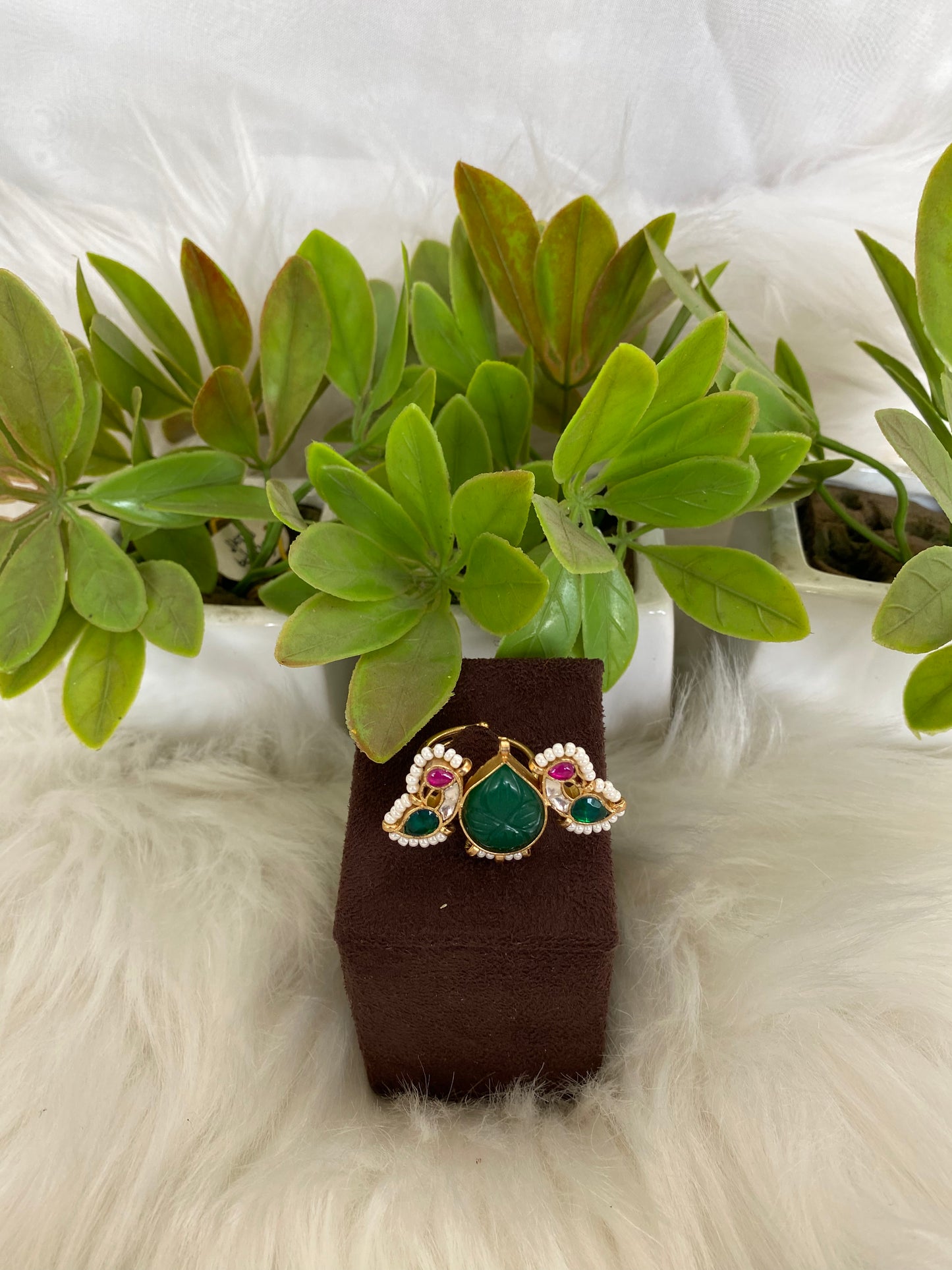 Green Carved Stone Ring with Peacock & Bird Accents