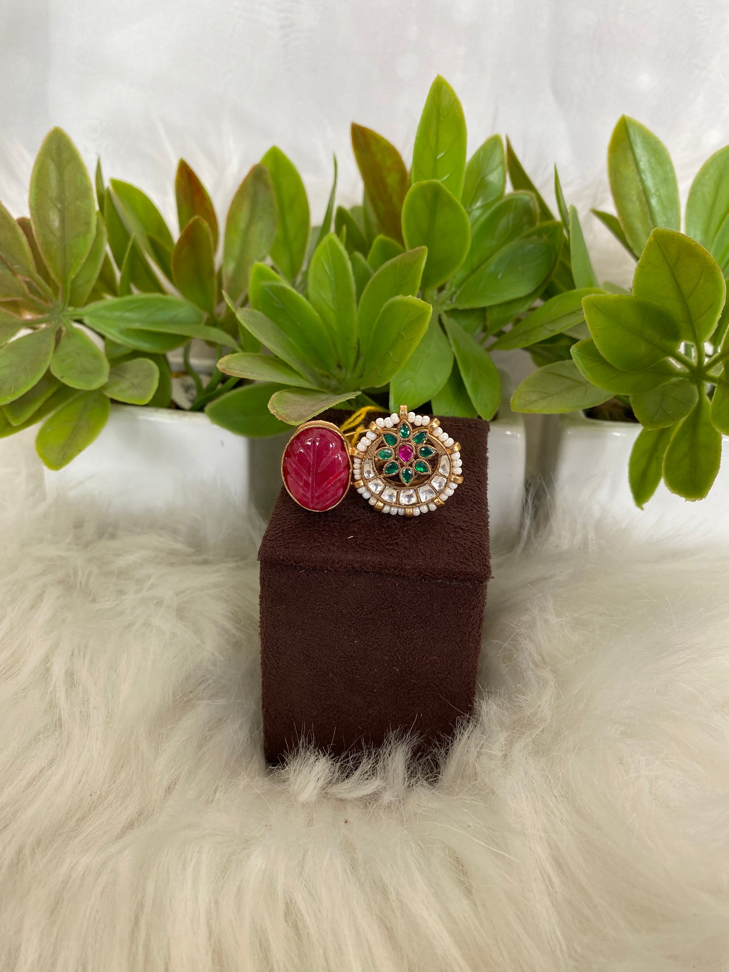Carved Ruby Ring with Green & Pink Accents
