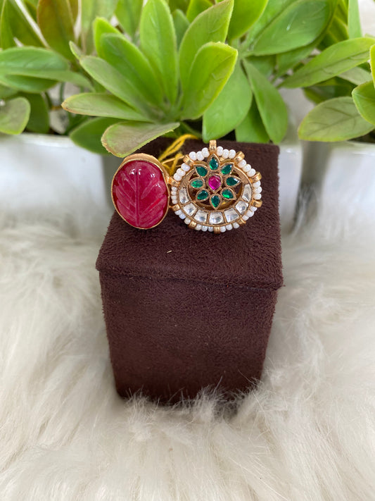 Carved Ruby Ring with Green & Pink Accents