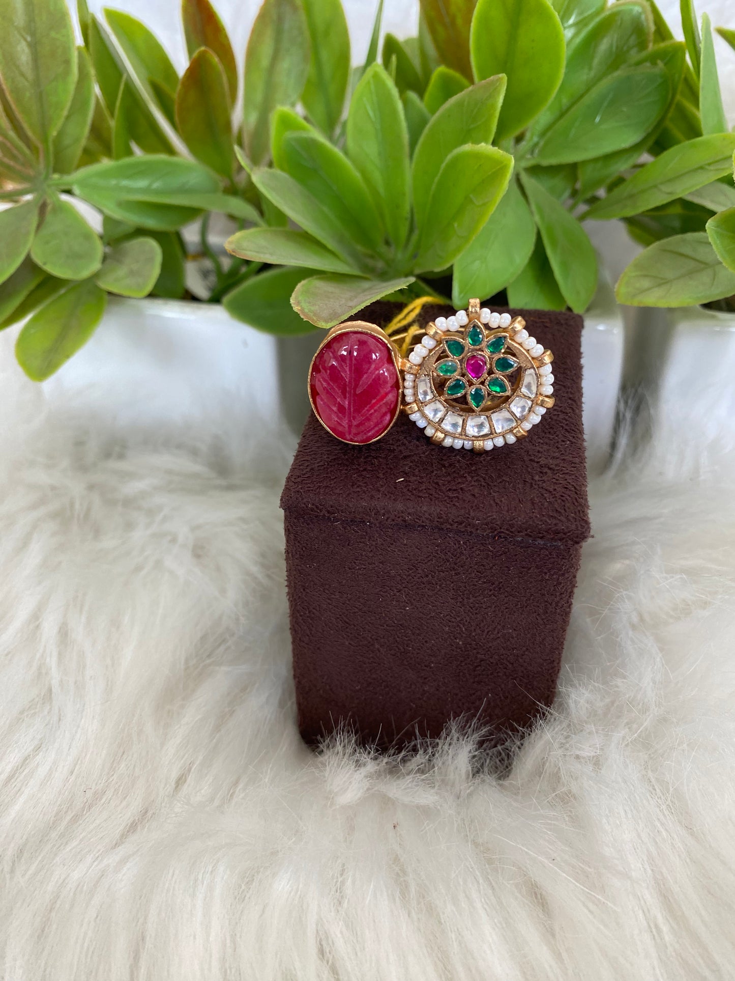 Carved Ruby Ring with Green & Pink Accents