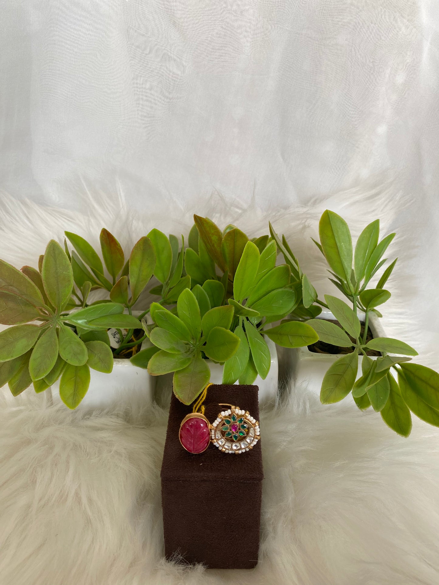 Carved Ruby Ring with Green & Pink Accents