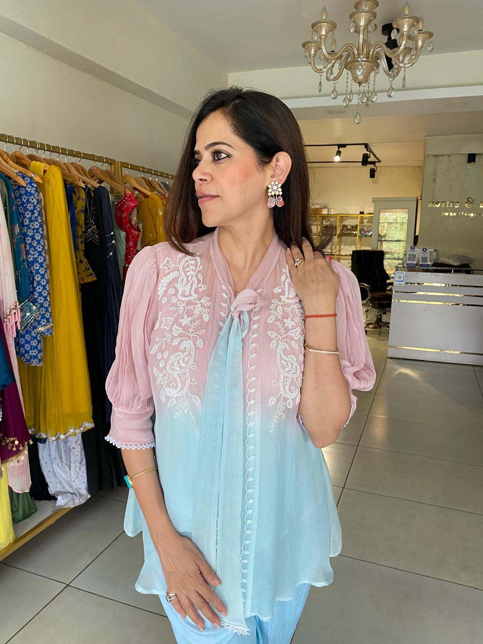 Pastel Pink with inner & Blue Handwork Ombre Top