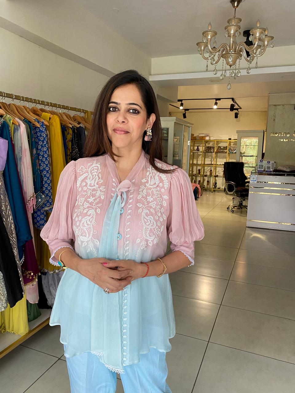 Pastel Pink with inner & Blue Handwork Ombre Top