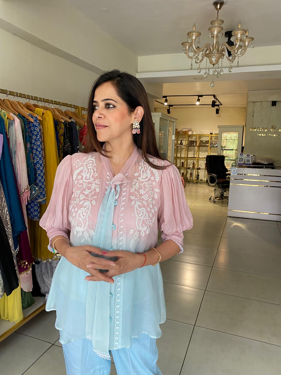 Pastel Pink with inner & Blue Handwork Ombre Top