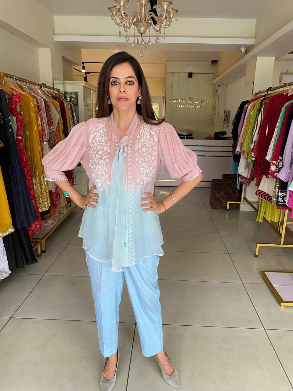 Pastel Pink with inner & Blue Handwork Ombre Top