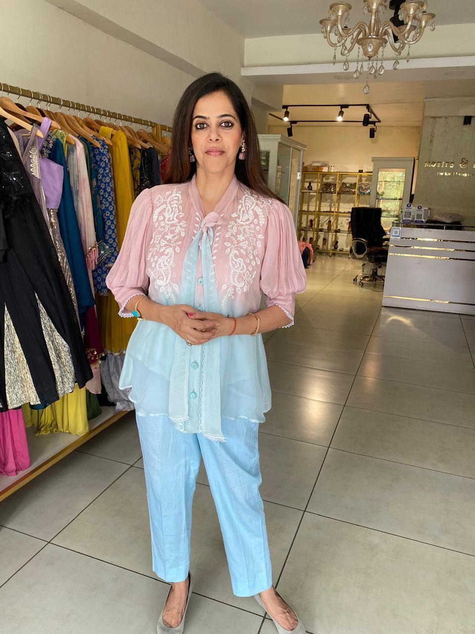Pastel Pink with inner & Blue Handwork Ombre Top