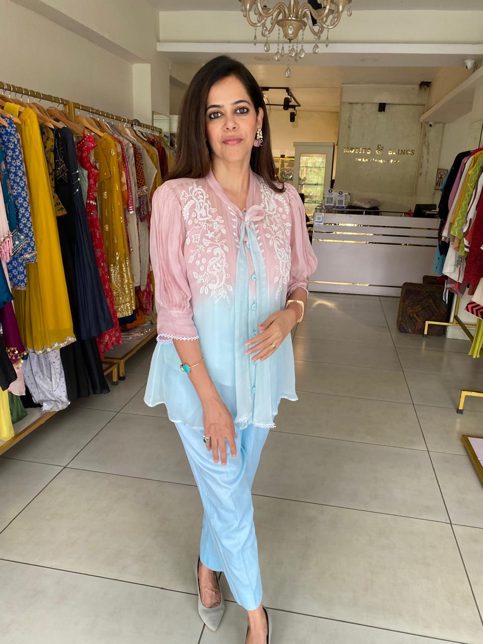 Pastel Pink with inner & Blue Handwork Ombre Top