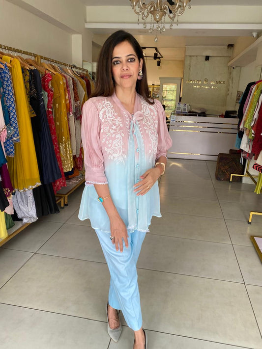 Pastel Pink with inner & Blue Handwork Ombre Top