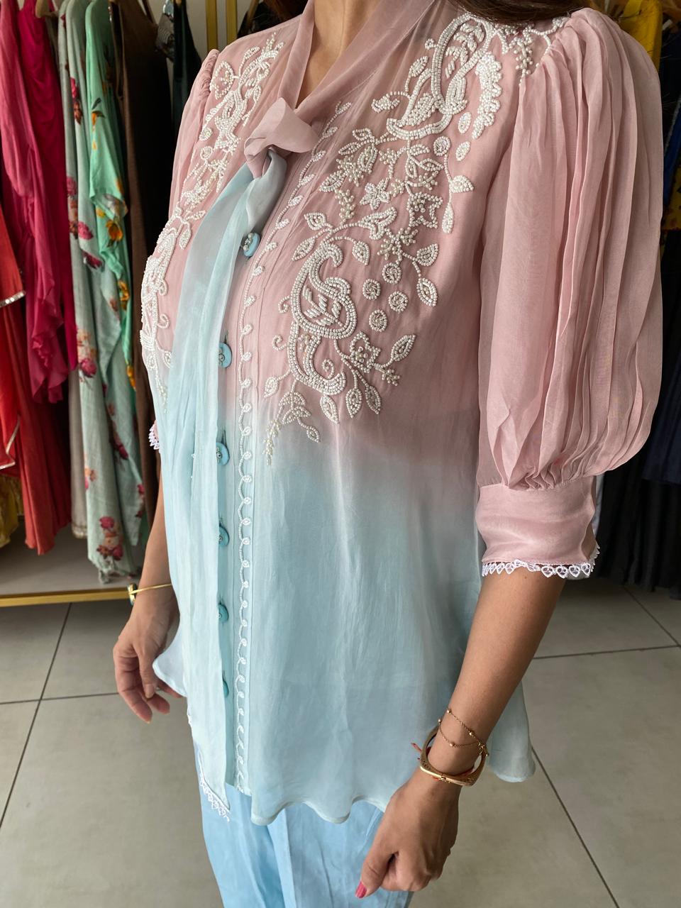 Pastel Pink with inner & Blue Handwork Ombre Top