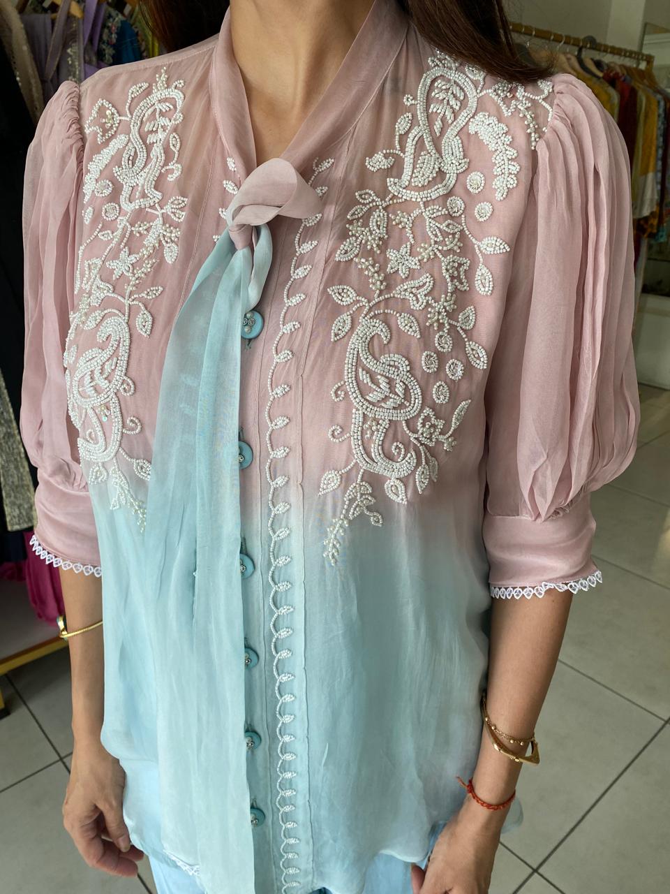 Pastel Pink with inner & Blue Handwork Ombre Top