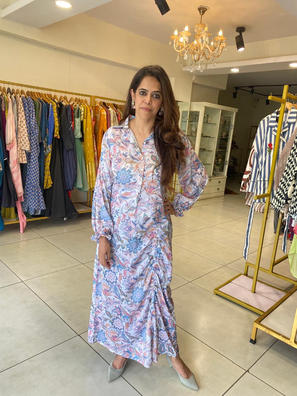 Pastel Floral Shirt Dress with Side Ruching Detail