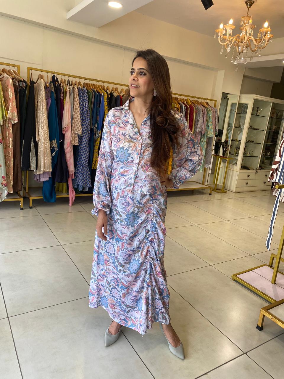 Pastel Floral Shirt Dress with Side Ruching Detail