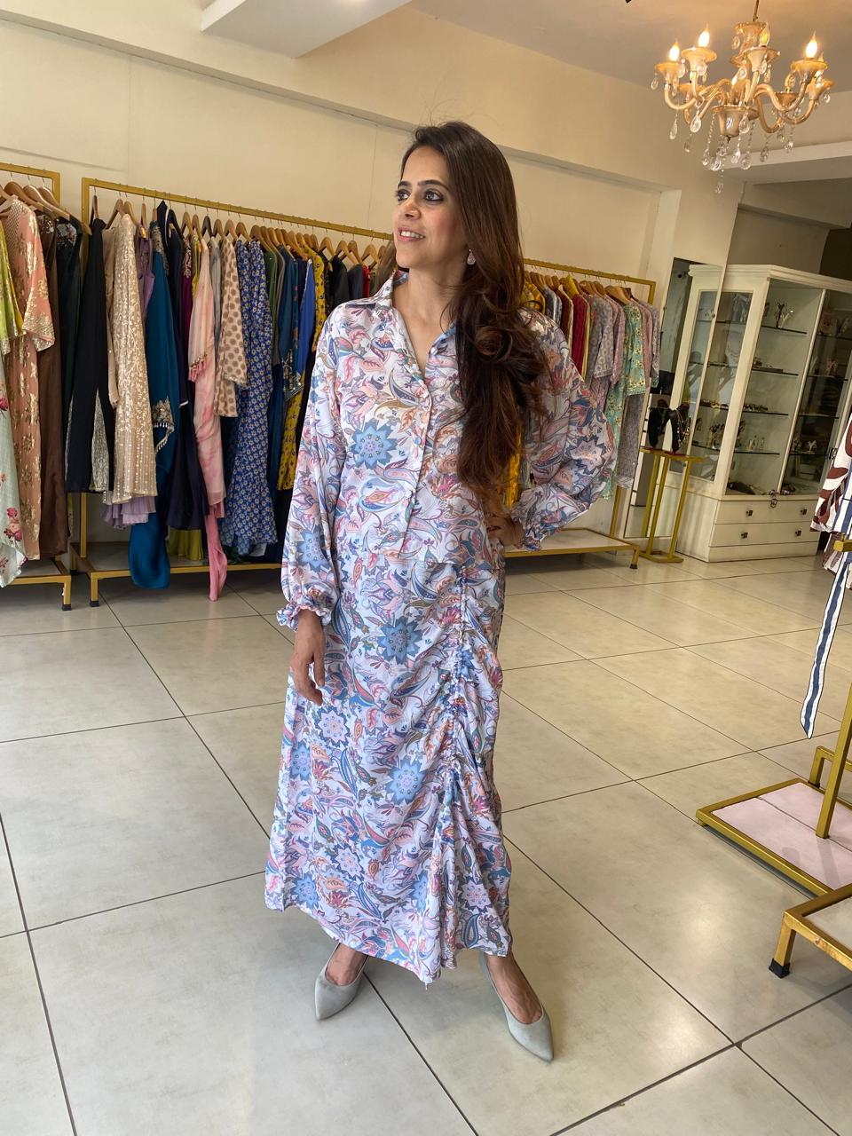 Pastel Floral Shirt Dress with Side Ruching Detail