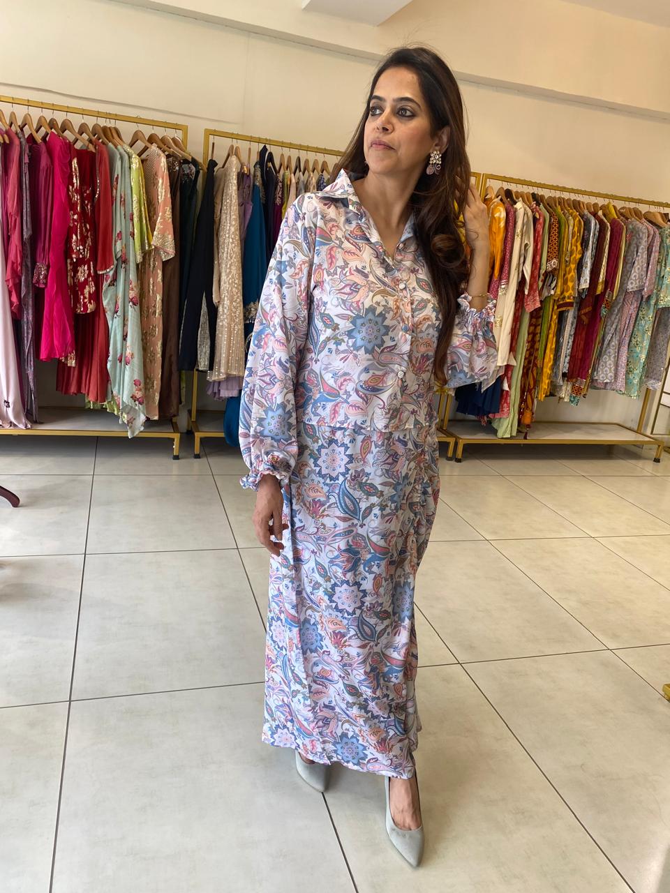 Pastel Floral Shirt Dress with Side Ruching Detail