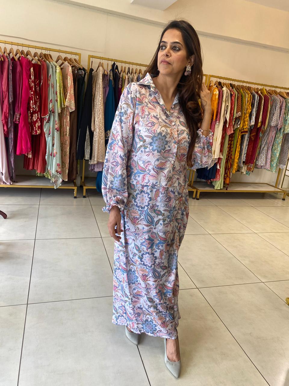Pastel Floral Shirt Dress with Side Ruching Detail
