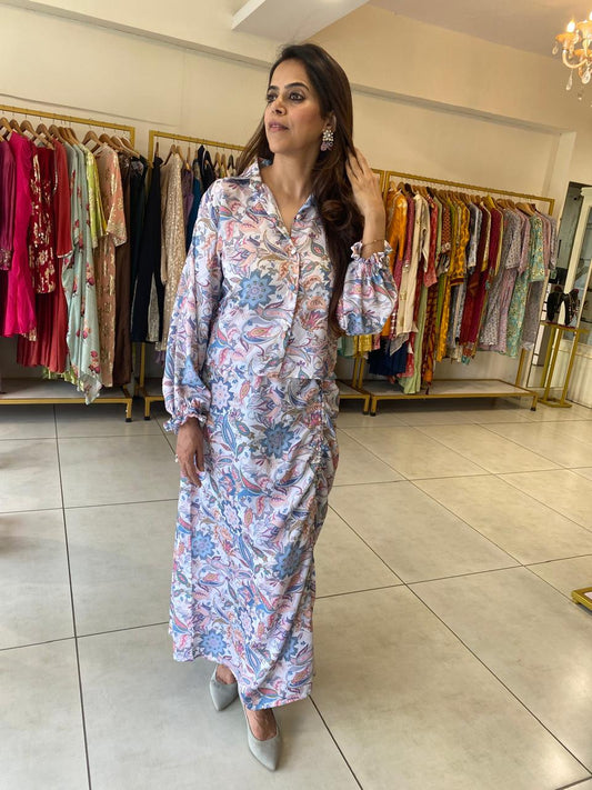 Pastel Floral Shirt Dress with Side Ruching Detail