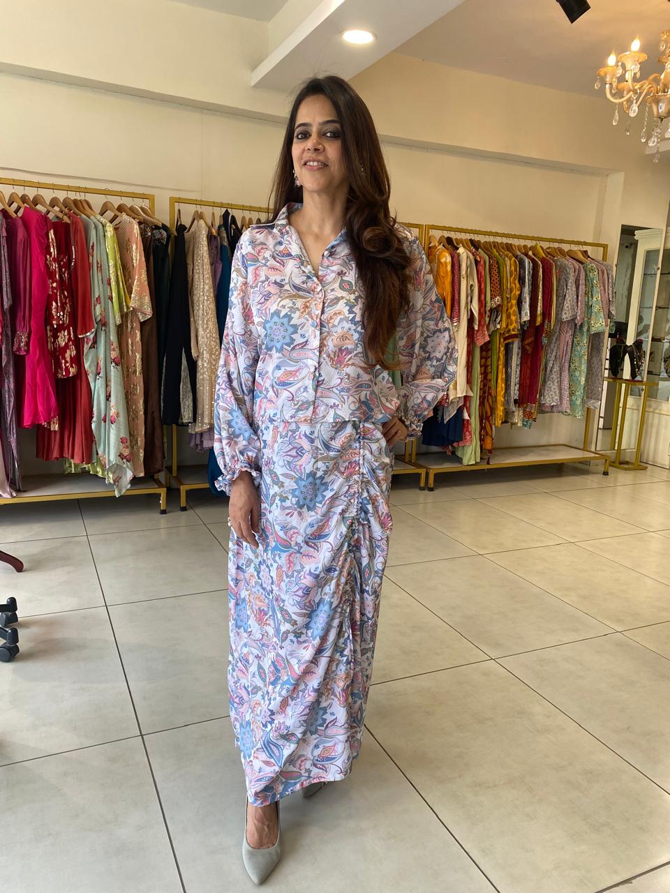 Pastel Floral Shirt Dress with Side Ruching Detail
