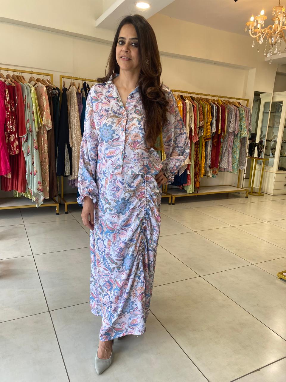 Pastel Floral Shirt Dress with Side Ruching Detail