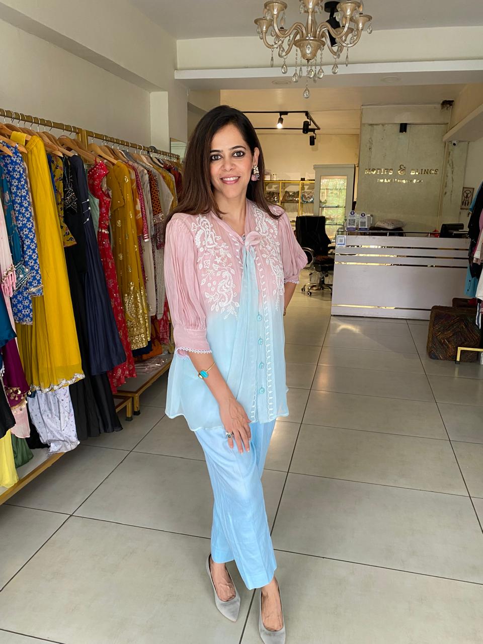Pastel Pink with inner & Blue Handwork Ombre Top