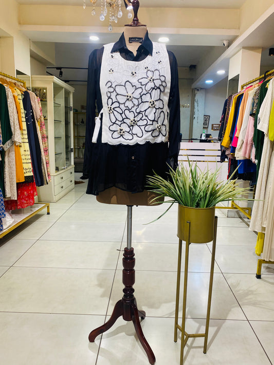 Black and white Bib handwork top