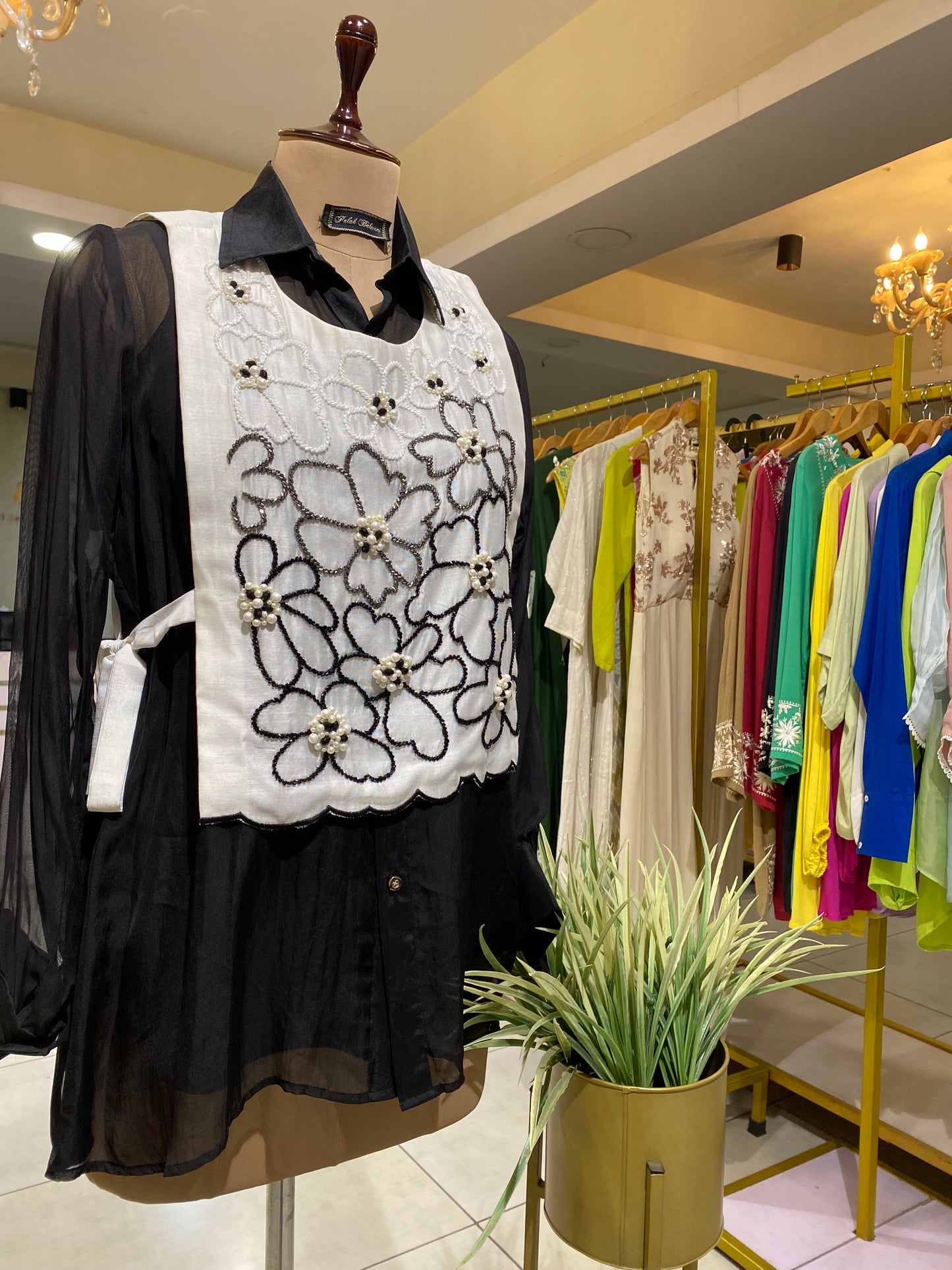 Black and white Bib handwork top