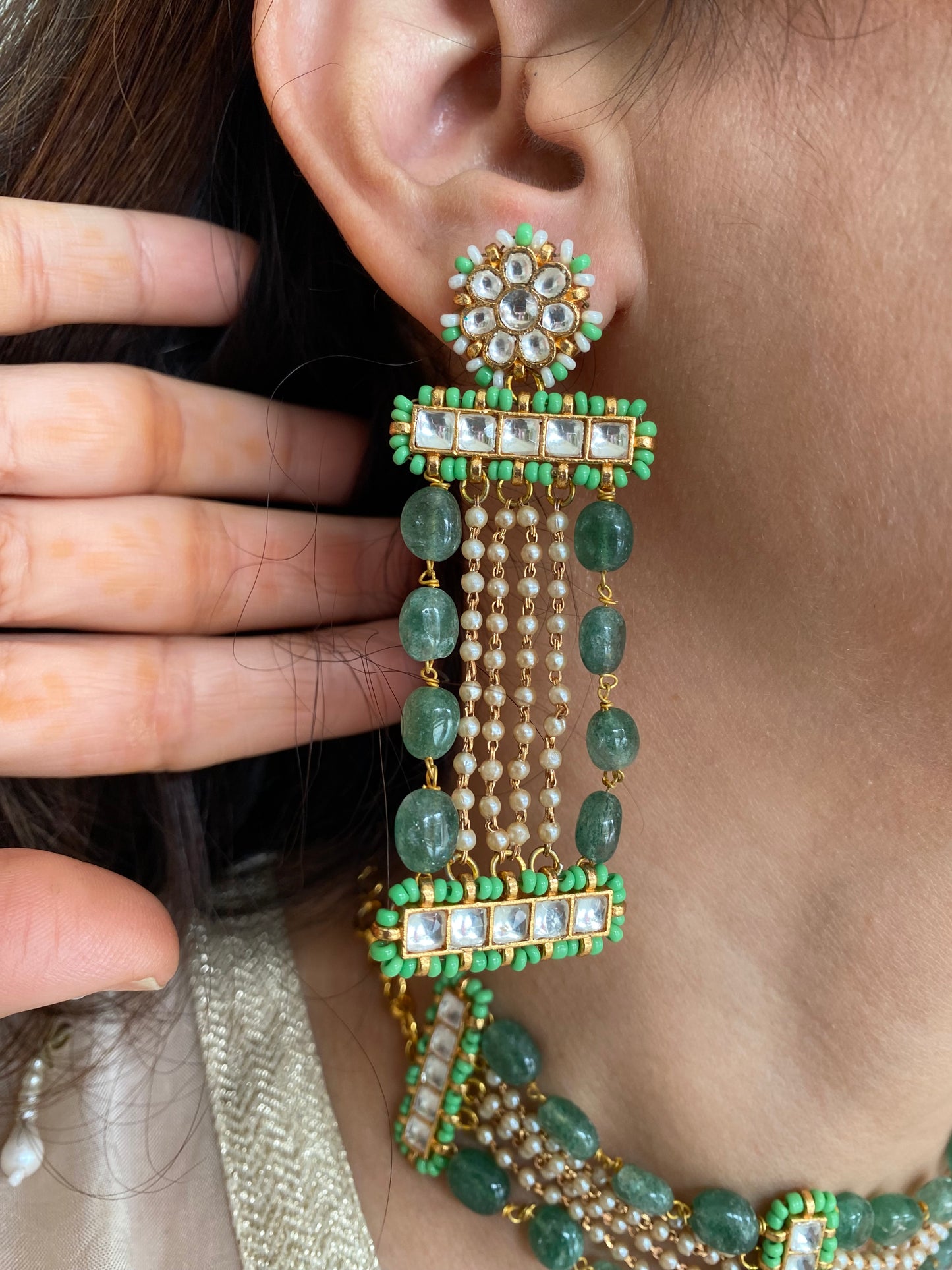 Green stone choker set with long earrings