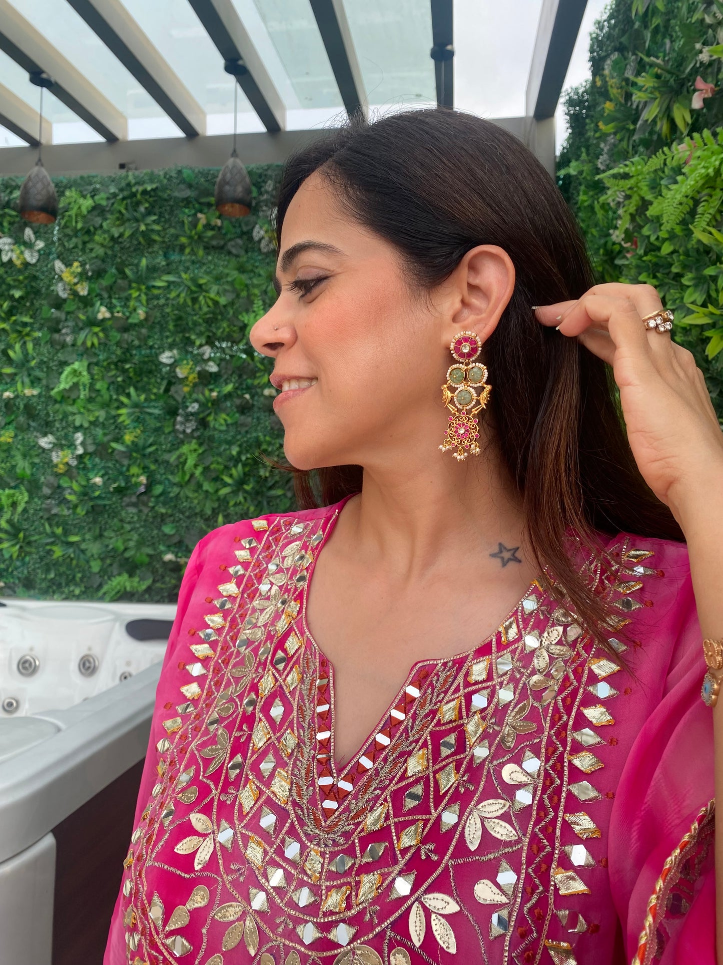 Pink and green stone earrings