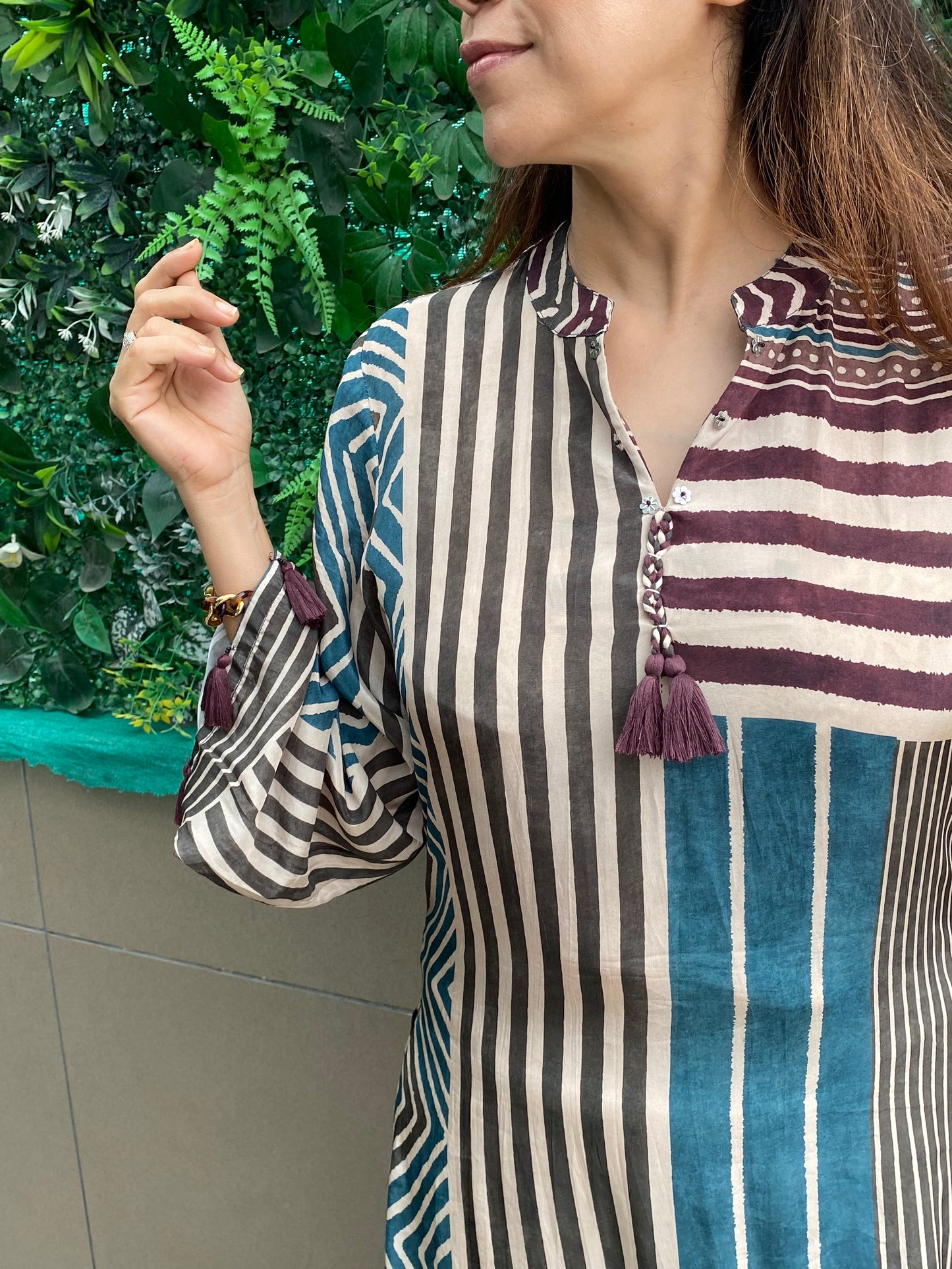 Beige and blue Stripe coord set