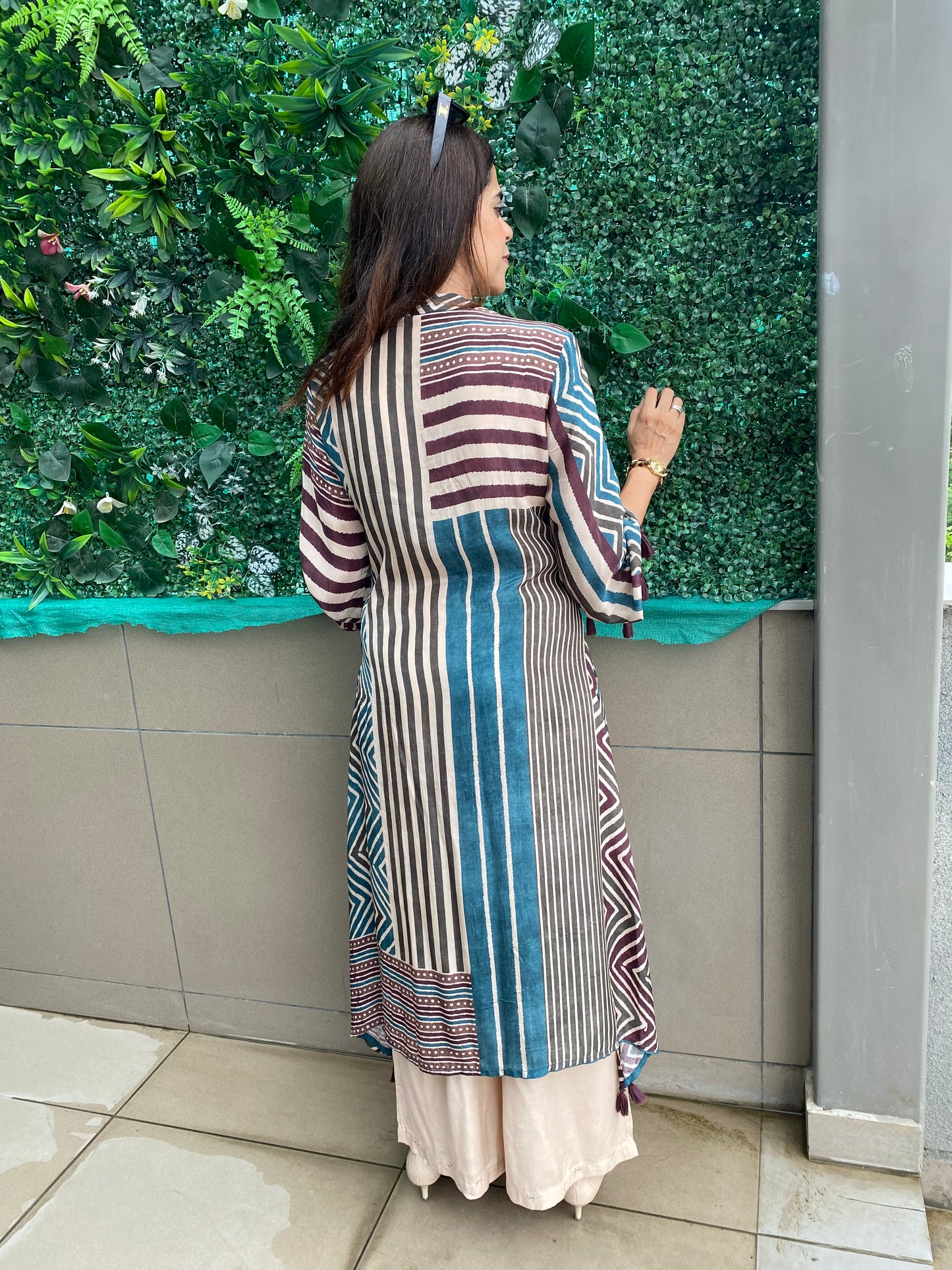 Beige and blue Stripe coord set