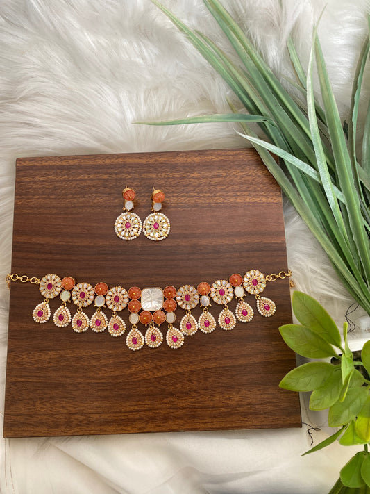 Handcrafted choker set with Orange Stone & Pink Pearl Drops