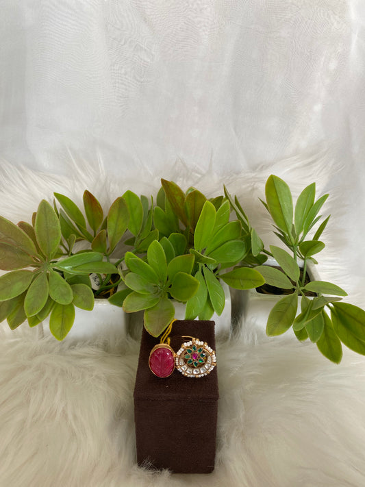 Carved Ruby Ring with Green & Pink Accents