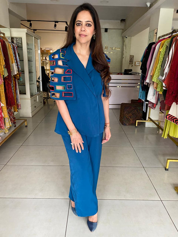 Teal Blue Power Co-Ord Set with Cut-Out Sleeve Detailing