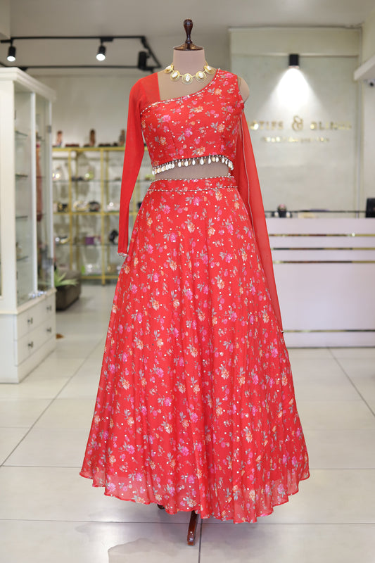 Printed red lehenga
